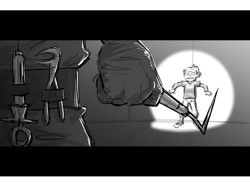 Illustration of a large gloved hand with a tool confronting a frightened child in a spotlight.