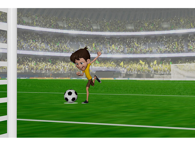 Cartoon character preparing to kick a soccer ball in a stadium.