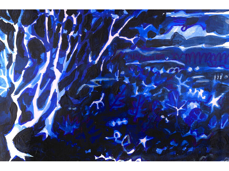 Abstract painting in shades of blue, purple, and black with white tree branch patterns and a night landscape theme.