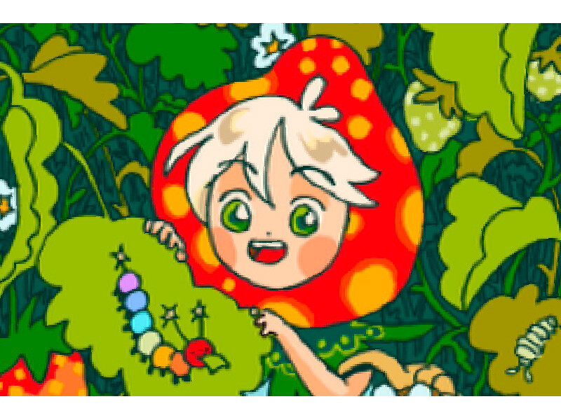 Cartoon character with blonde hair in a red mushroom cap surrounded by foliage, holding a leaf with a colorful caterpillar.