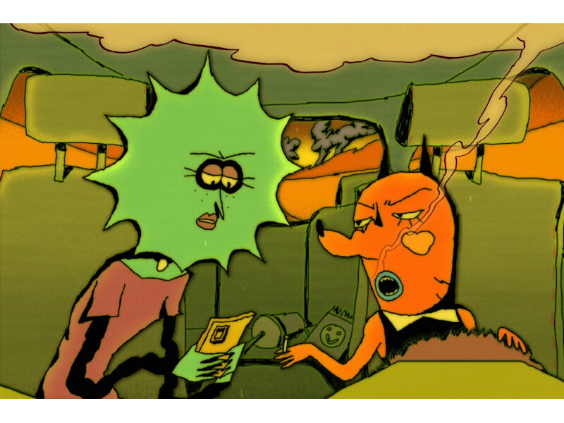 Two cartoon characters in a car; one with a spiky green head and glasses, the other with an orange, fox-like face smoking a cigarette.