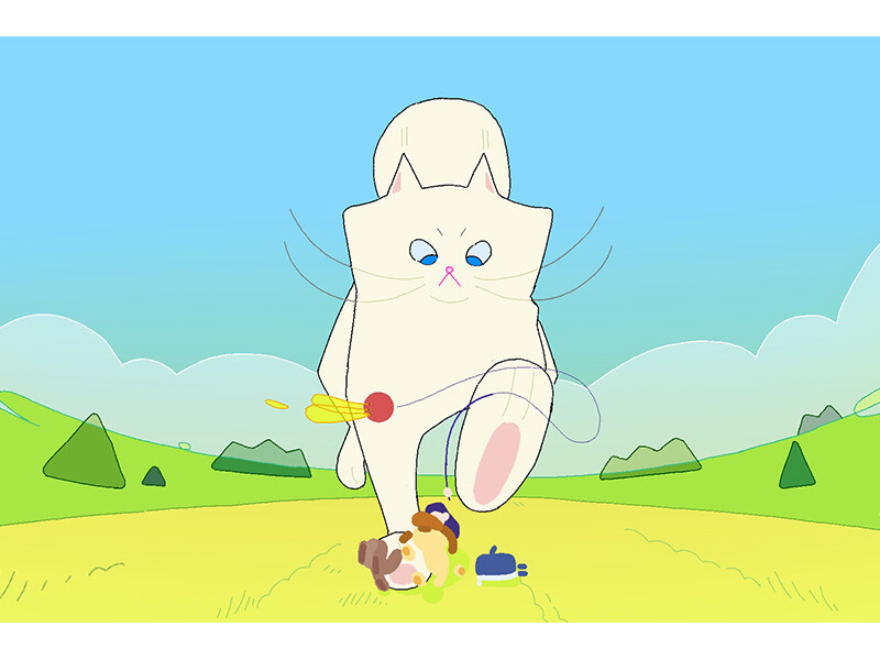 A large animated white cat with a badminton racket in its mouth steps over a tiny person and robot in a green field.