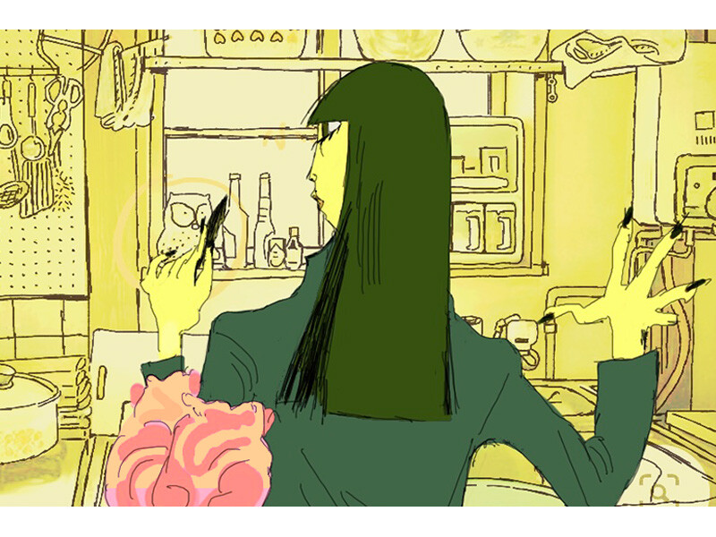 Illustration of a person with long green hair in a yellow kitchen holding a small object, surrounded by utensils and shelves with bottles.