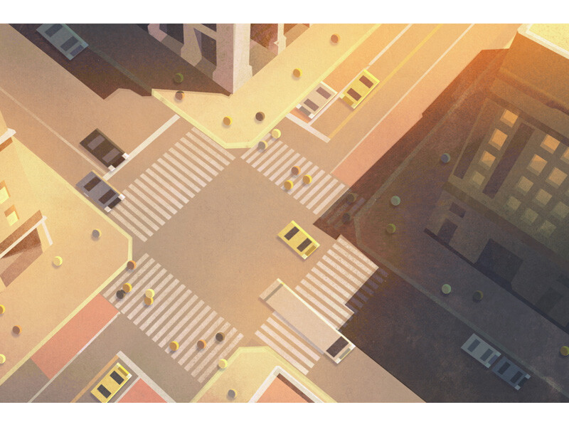 Aerial view of a city intersection with crosswalks and vehicles in warm lighting.