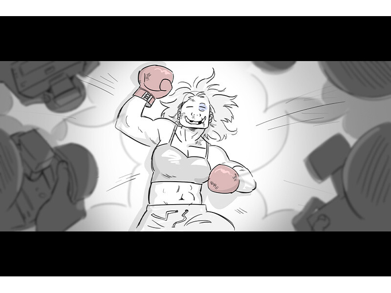 Illustrated boxer celebrating with raised glove and excited expression.