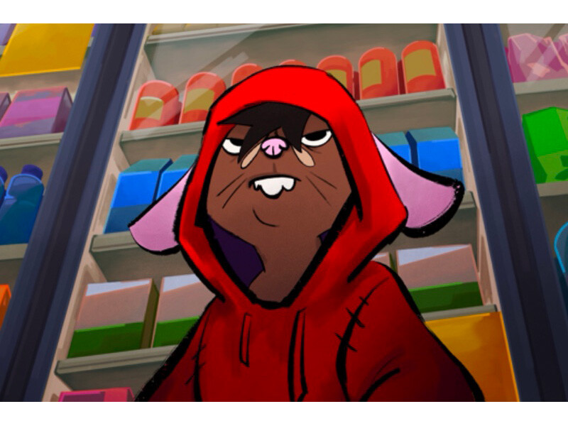 Animated rodent character in a red hoodie in front of colorful shelves.