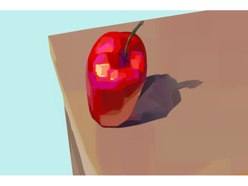 Red apple on the edge of a light brown table against a light blue background.