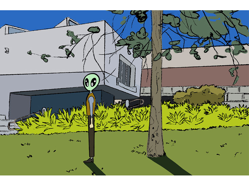 A cartoon alien stands in front of a modern building with trees and shrubs around.