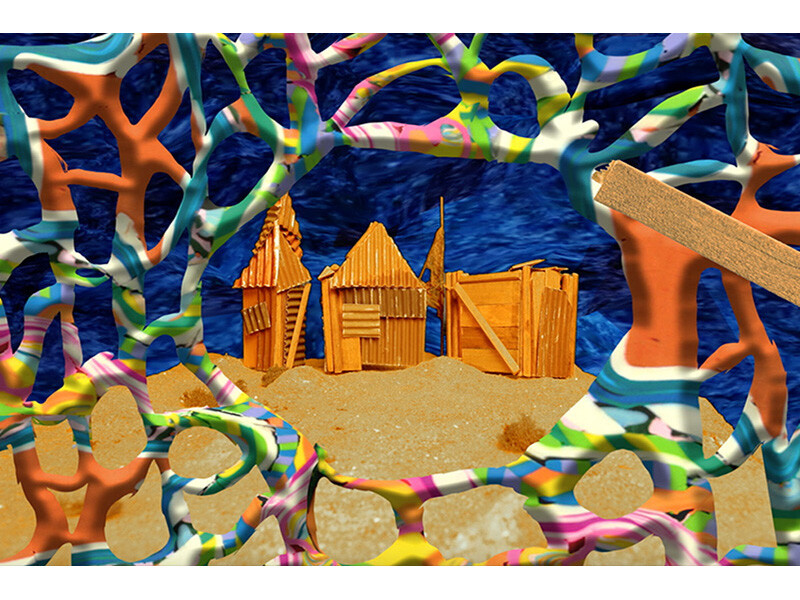 Three small wooden huts on sand, framed by multicolored, organic shapes in front of a blue background.