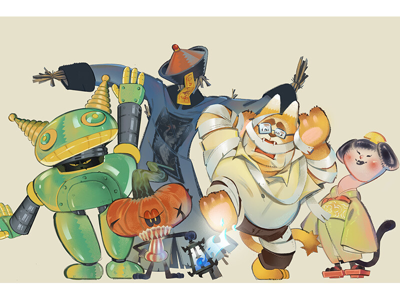 A group of five diverse cartoon characters including a robot, pumpkin head, scarecrow, mummy, and a cat-like figure in a yellow robe.