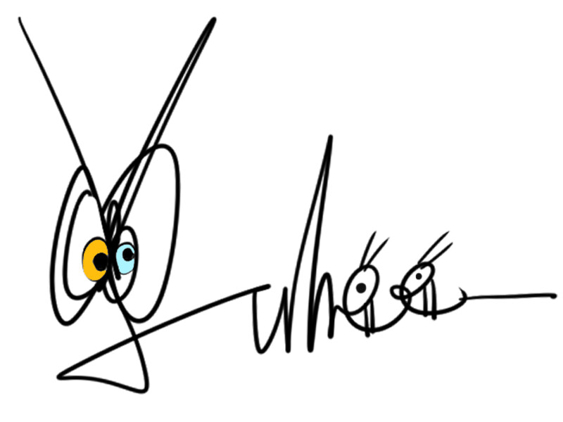 Abstract doodle of an owl with large yellow and blue eyes above the word "Whoo."