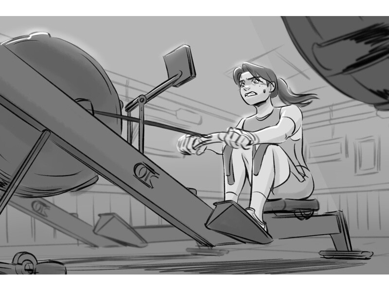 A grayscale drawing of a person using a rowing machine in a gym.