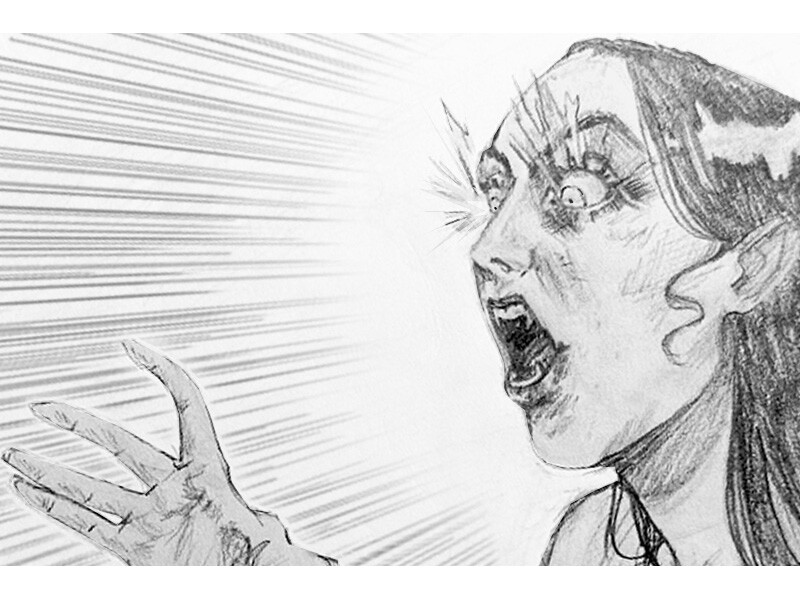 Sketch of a person with a shocked expression, eyes wide, and mouth open.