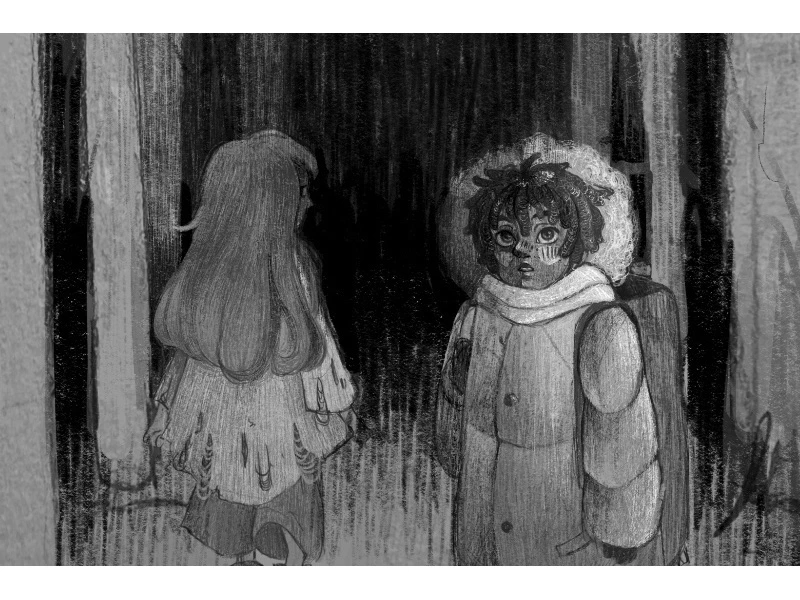 Two figures standing in front of a dark, textured background: one with long hair in a dress, and one in a puffer jacket with a backpack.