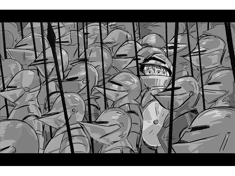 A person with an open visor stands among armored figures with beak-like helmets and spears.