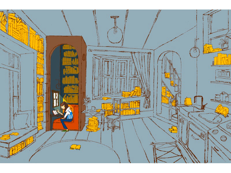 Illustration of a room filled with yellow books and a woman reading in an alcove.