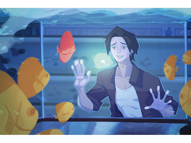 Animated person looking excitedly into an aquarium filled with colorful fish.