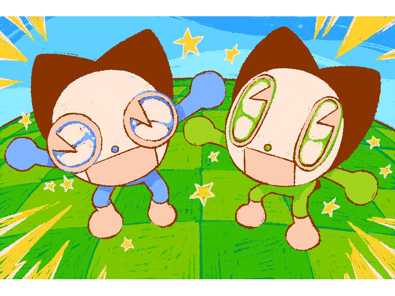 Two cartoon characters on a green hilltop with a blue sky and stars.