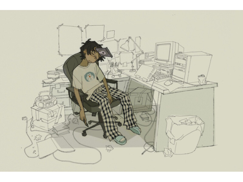 A person in pajamas slumped asleep in a chair in a cluttered room with older computer equipment.