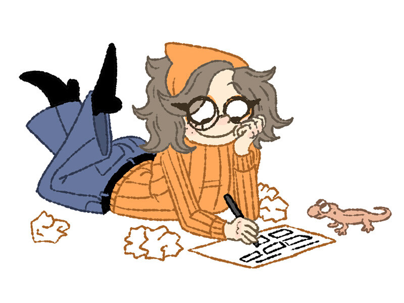 A cartoon person in an orange sweater and beanie writing on paper, surrounded by crumpled sheets, with a small lizard nearby.