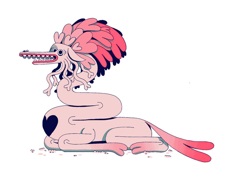 Mythical pink creature with a toothy grin and a feathered headdress.