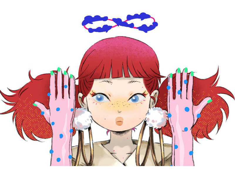 Illustrated character with red pigtails, blue eyes, and pink gloves with blue dots.