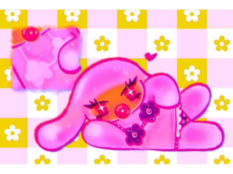 A pink cartoon bunny with a red nose and purple flowers, reclining against a checkered pink and yellow floral background.