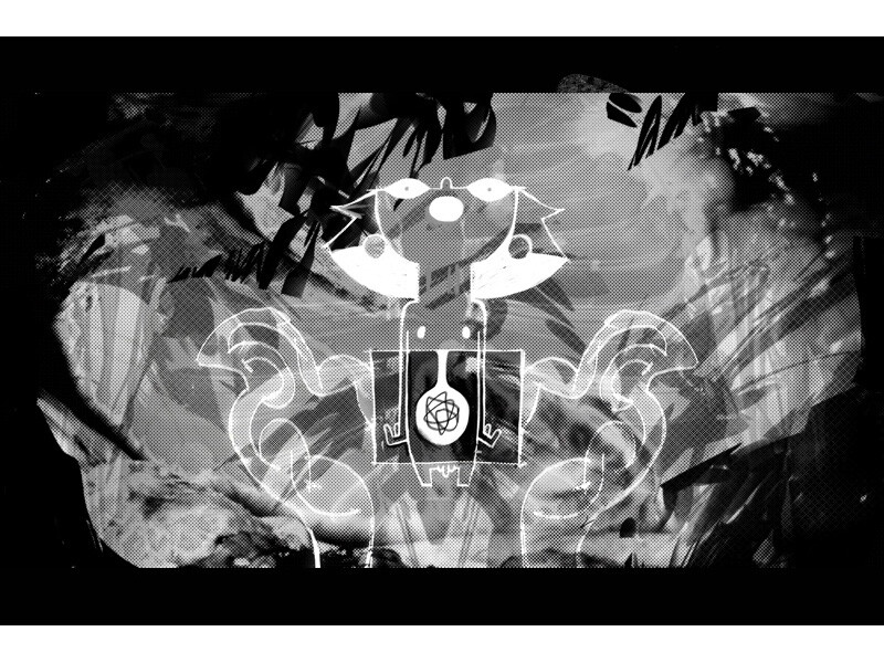 Stylized black and white image of a cartoon-like creature with large ears and a geometric emblem on its chest.