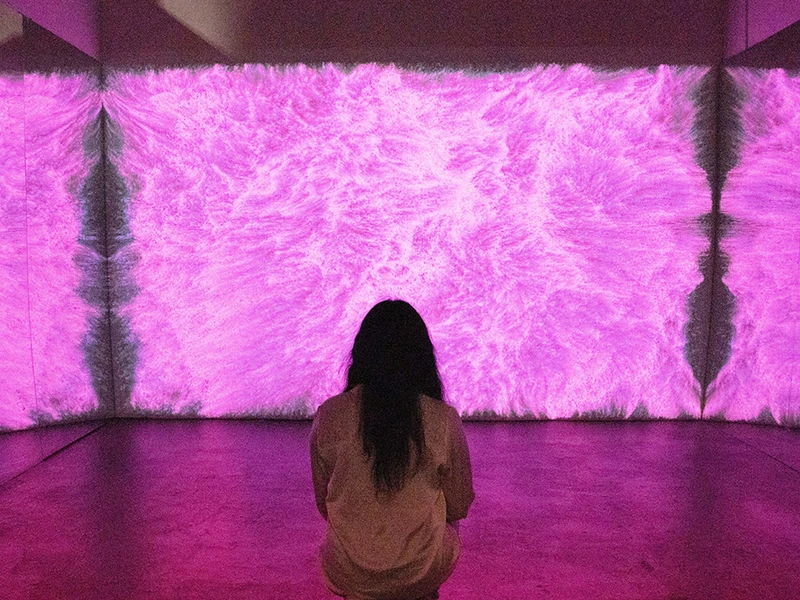 Person sitting in front of a digital art installation with swirling lavender textures.