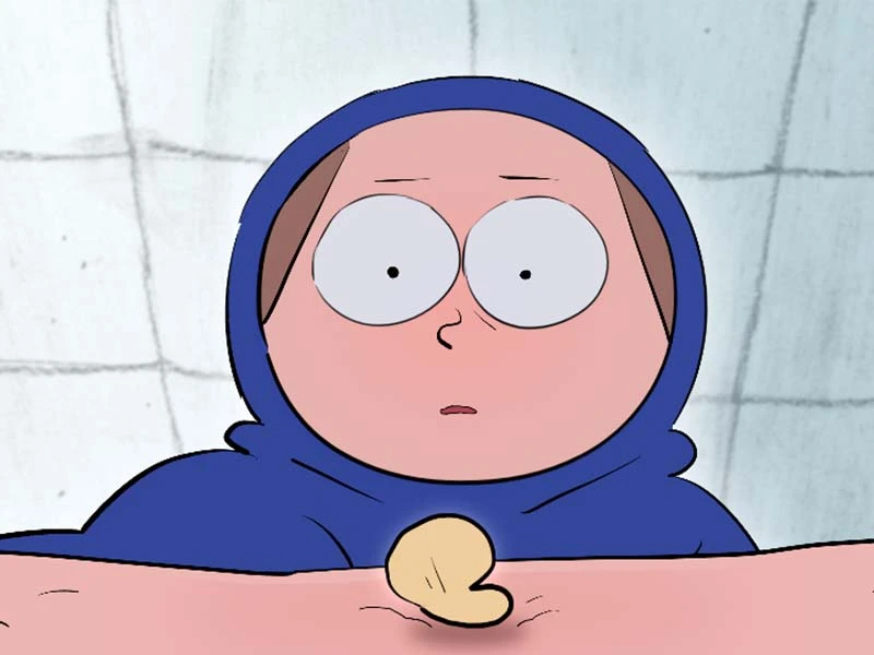 Animated character in a blue hood.