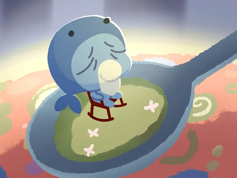 A small blue creature holding a glowing orb while sitting on a red rocking chair atop a large spoon-like structure.