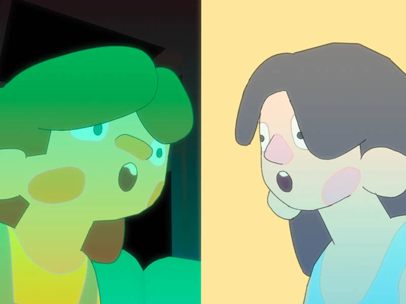 Two cartoon characters on a split background; one with green hair on a dark side, and one with dark hair on a light side.