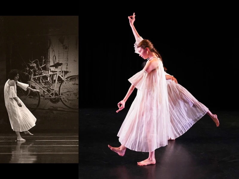 A composite image of vintage and modern dance photographs, featuring dancers in flowing dresses against distinct backgrounds.