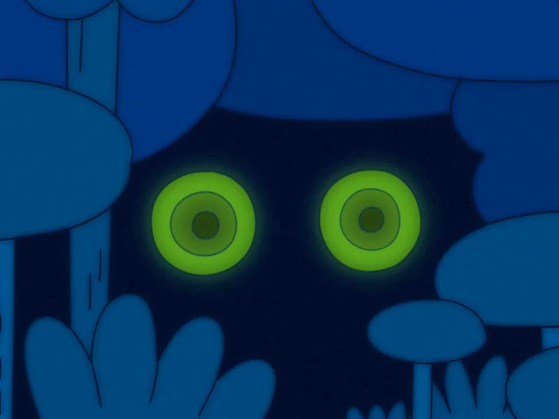 Glowing yellow-green eyes peering through a blue forest scene.