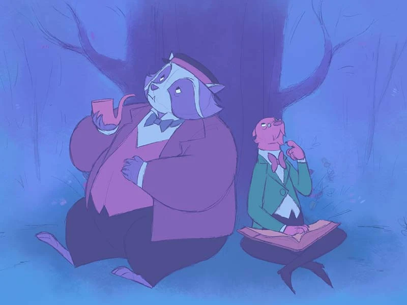 Two characters in a forest, a badger smoking a pipe, and a mole holding a notebook.