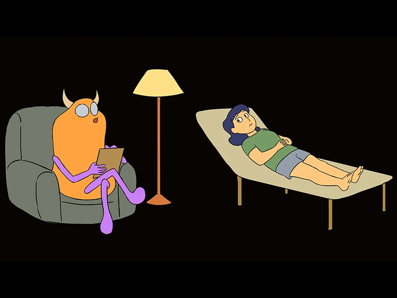 A cartoon creature with a clipboard sits in a chair next to a person reclining on a lounger.