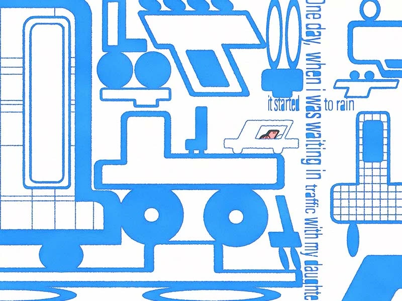 Abstract blue geometric illustration with vehicle shapes and vertical text.