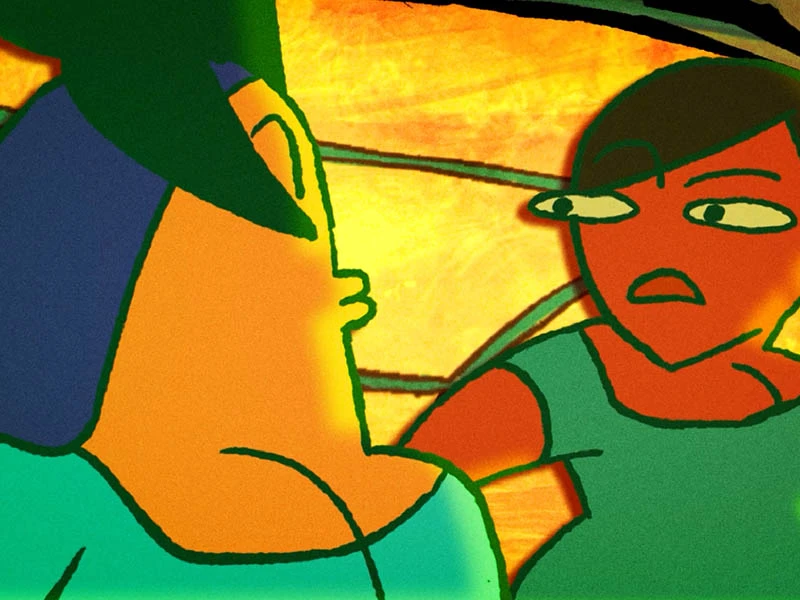 Cartoon illustration of two women interacting with a colorful abstract background.