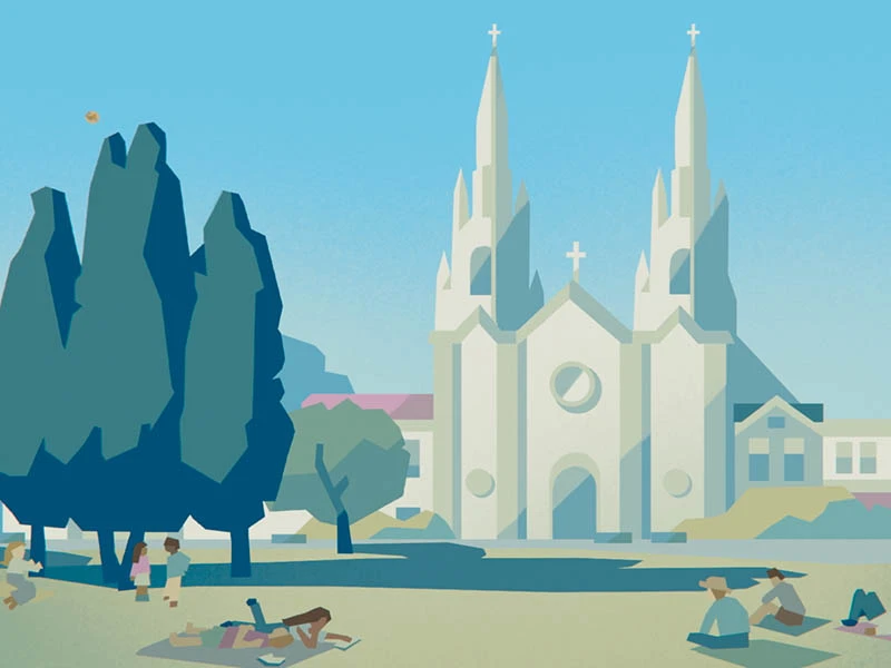 Illustration of people relaxing on grass in front of a large, white church-like building with two spires.