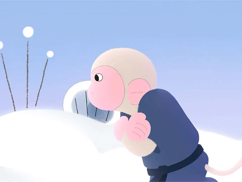 An illustration of a small monkey in a snowy landscape, looking at an object in the snow.