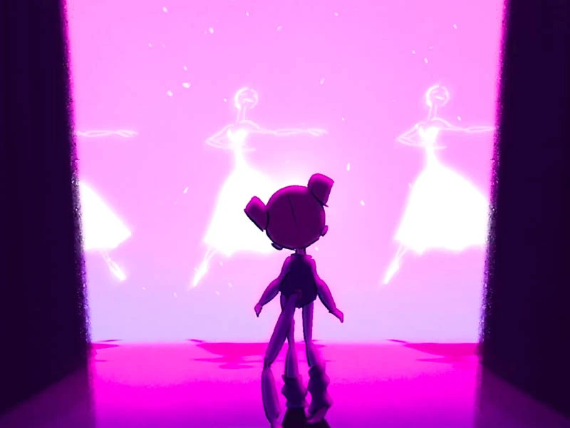 An animated character faces glowing ballerinas in a pink-lit scene.