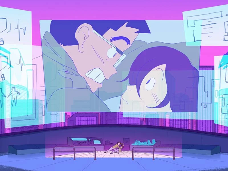 A futuristic control room with a large screen showing two animated characters engaging intensely.