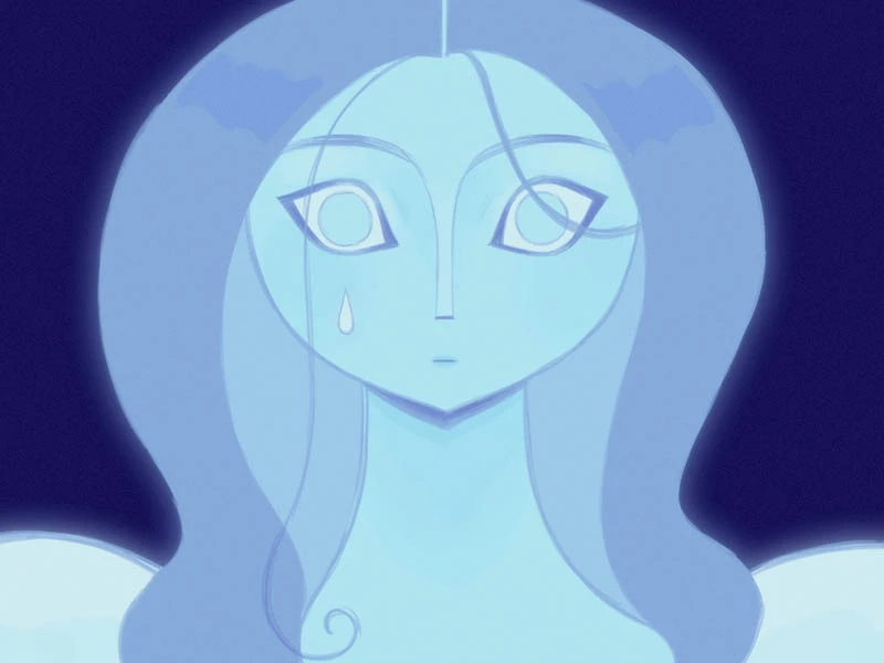 Stylized character with large eyes and tear falling from the left eye, set against a dark background.