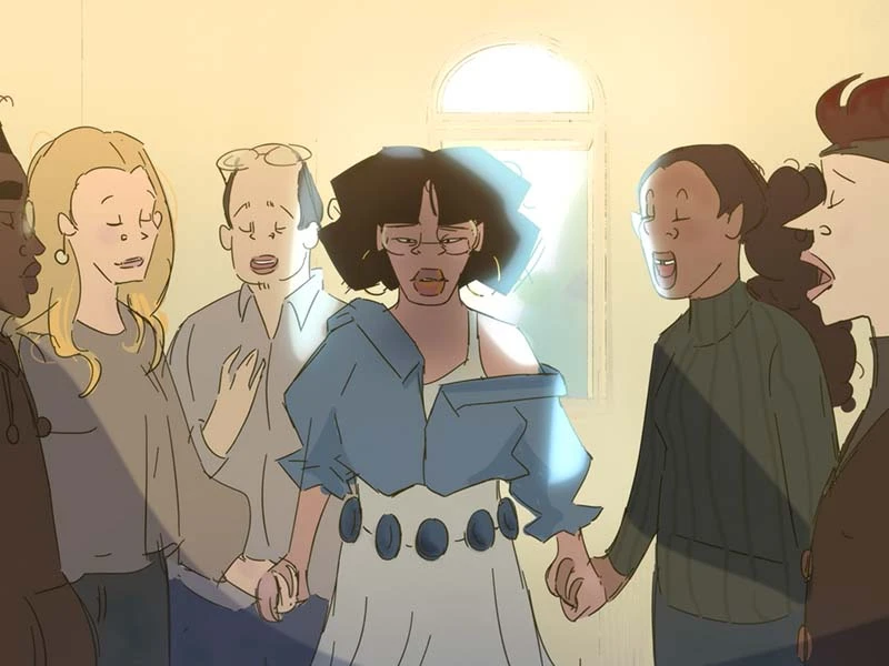 A group of six individuals holding hands in a circle under warm sunlight.