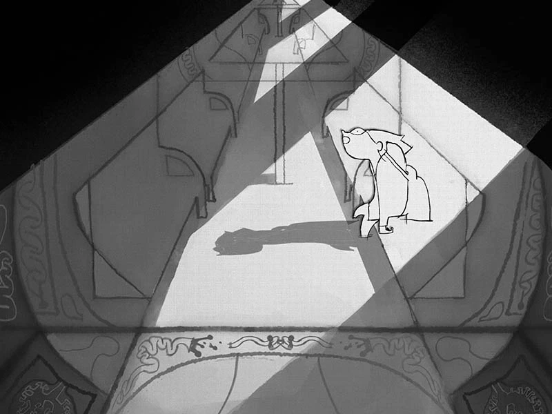 Abstract drawing of a figure in a lit trapezoidal area, surrounded by shadow and architectural lines.