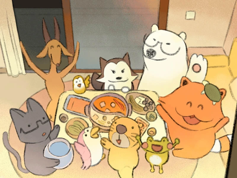 A group of cartoon characters sits around a table full of varied dishes.