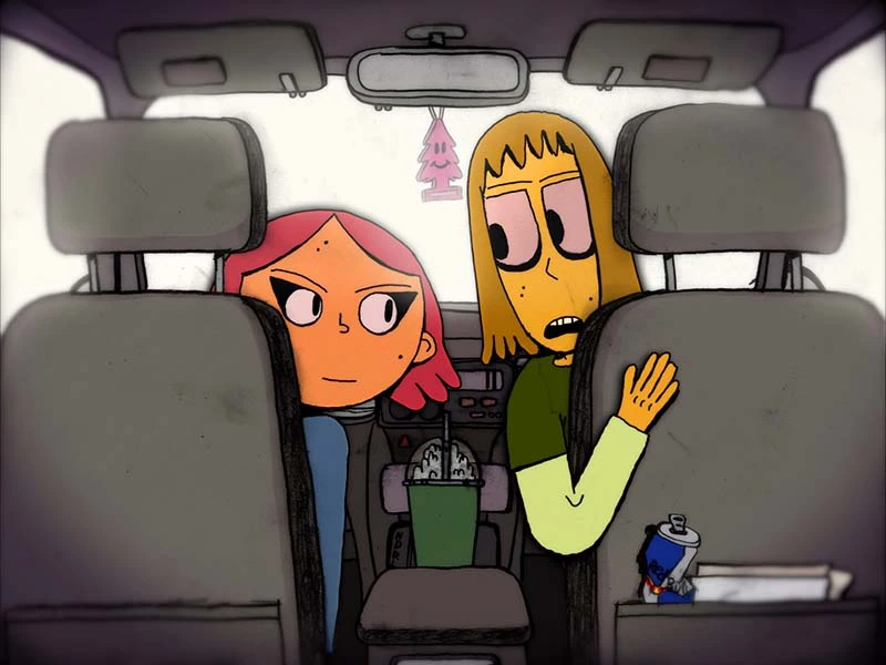 Two cartoon characters in the front seats of a car, facing each other.