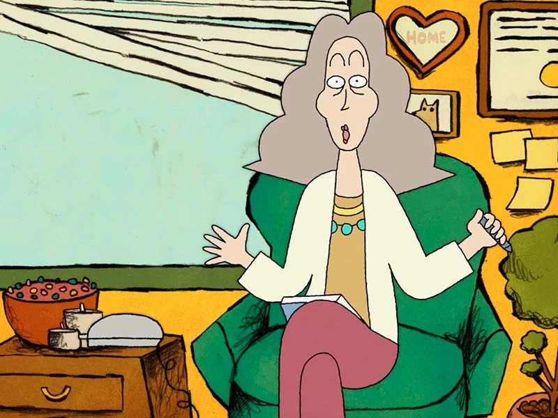 Illustration of a woman in a green armchair, with gray hair, gesturing with her hands.