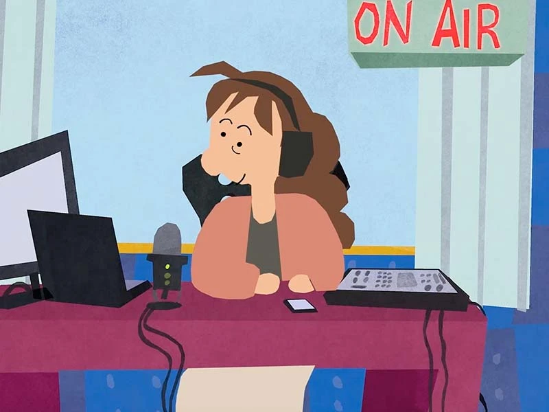 Cartoon character in a radio studio with headphones, a microphone, and an "ON AIR" sign.