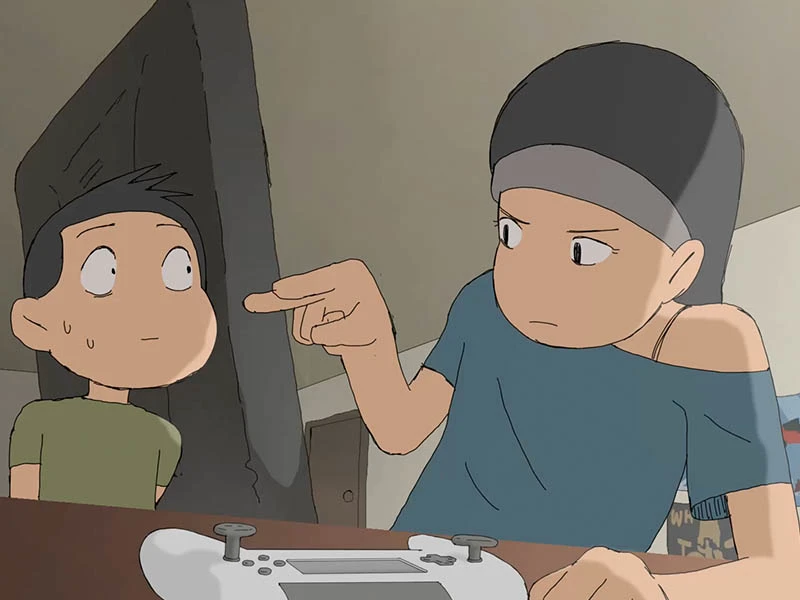 Two animated characters indoors, one pointing sternly at the other.